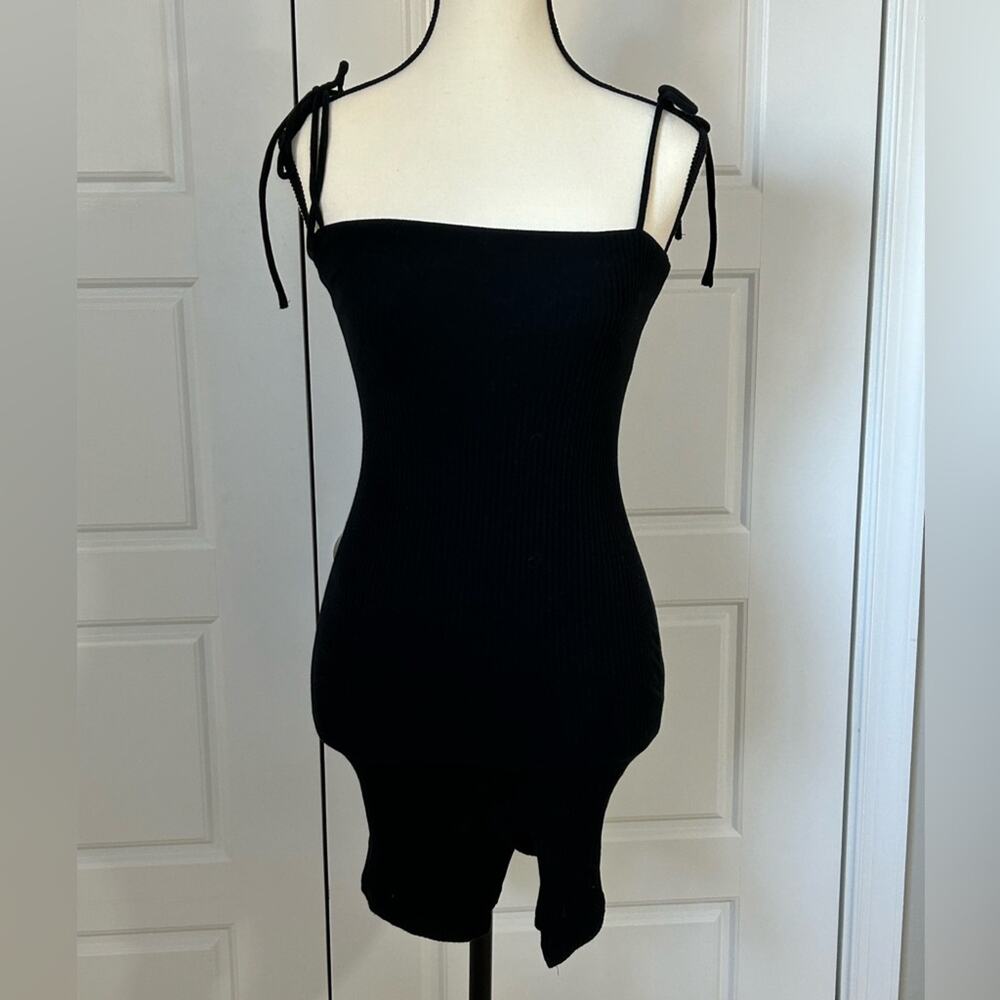 Princess Polly black ribbed mini dress bow tie strap slit size US 4 - Picture 2 of 9